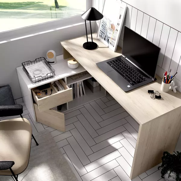 Design íróasztal Rox fényes fehér, tölgyfa