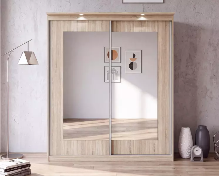 Tükörrel és LED-es világítással ellátott szekrény, tölgyfa „Moss” kivitelben